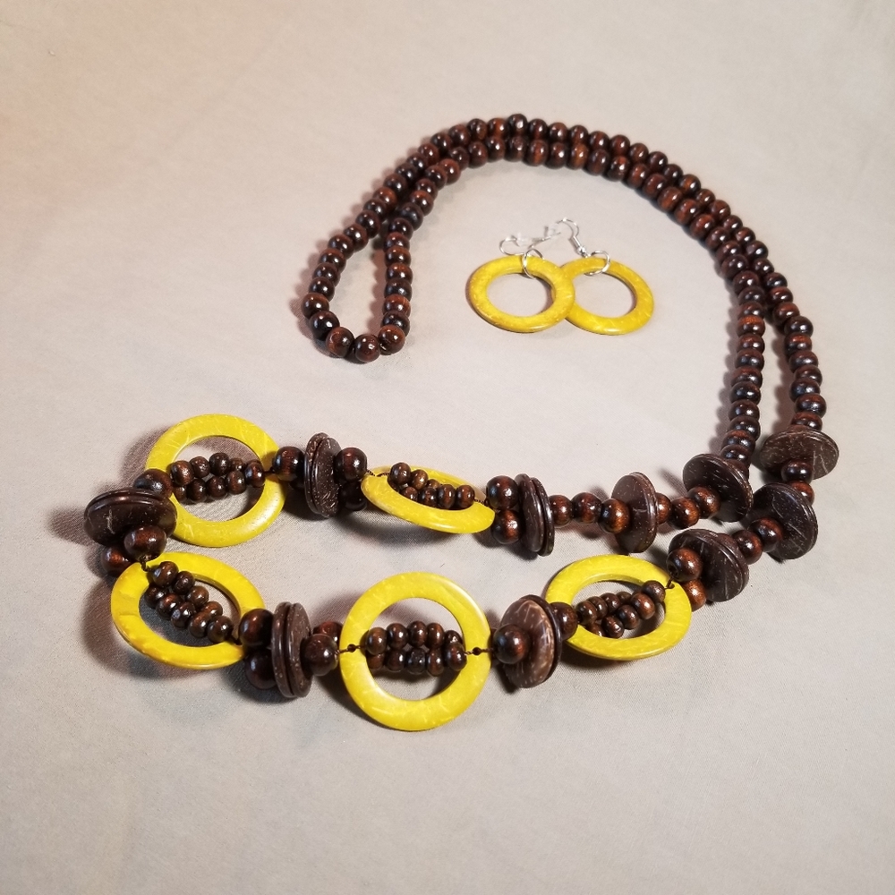 Brown & Yellow Circle Wood Bead Necklace